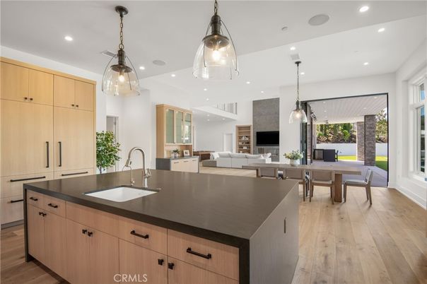 Dining room, Fireplace, Interior, Kitchen, Living room, Pendant Lights, Recessed Lighting, Wood Texture Flooring
