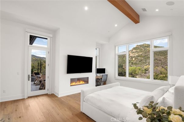 Bedroom, Fireplace, Interior, Recessed Lighting, Wooden Beams, Wood Texture Flooring