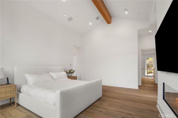 Bedroom, Fireplace, Interior, Recessed Lighting, Wooden Beams, Wood Texture Flooring
