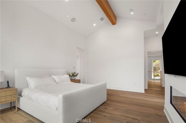 Bedroom, Fireplace, Interior, Recessed Lighting, Wooden Beams, Wood Texture Flooring