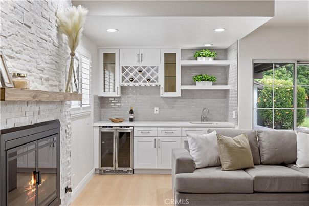Fireplace, Interior, Kitchen, Recessed Lighting, Stone Walls, Wood Texture Flooring