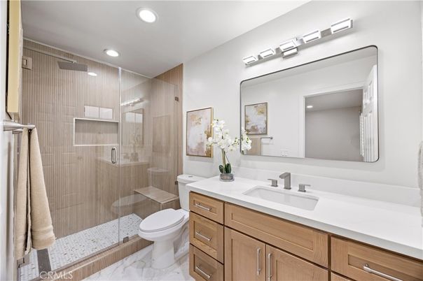 Bathroom, Glass Shower, Interior, Marble, Recessed Lighting