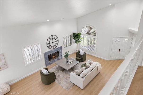 Fireplace, Interior, Living room, Recessed Lighting, Wood Texture Flooring