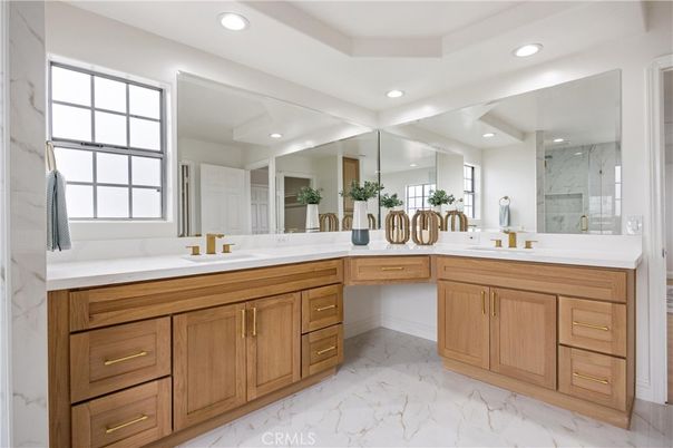 Bathroom, Dual Sink Vanities, Interior, Marble, Marble Walls, Recessed Lighting