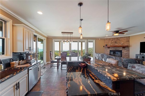 Dining room, Fireplace, Interior, Kitchen, Pendant Lights, Recessed Lighting, Stone Walls