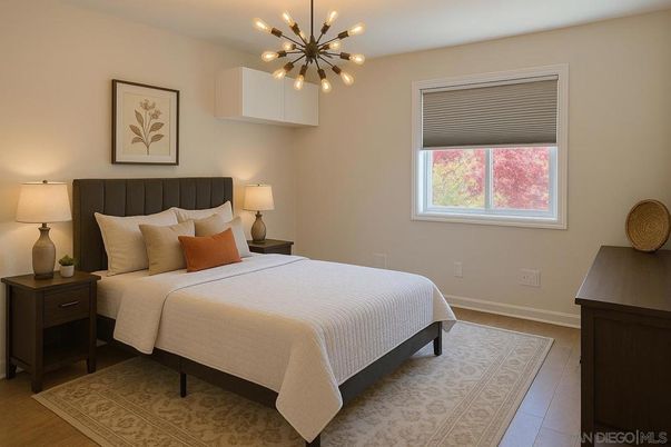 Bedroom, Interior, Pendant Lights, Wood Texture Flooring