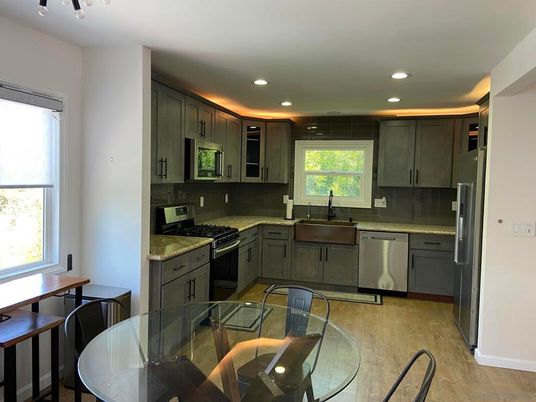 Interior, Kitchen, Recessed Lighting, Stainless Steel Appliances, Wood Texture Flooring
