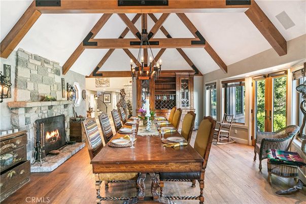 Chandelier, Dining room, Fireplace, Interior, Pendant Lights, Stone Walls, Wooden Beams, Wood Texture Flooring