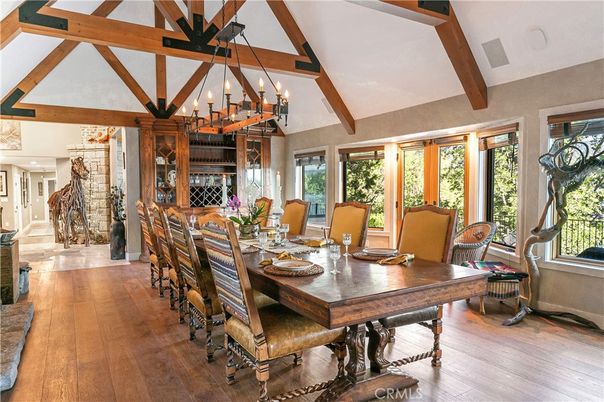 Chandelier, Dining room, Interior, Wooden Beams, Wood Texture Flooring