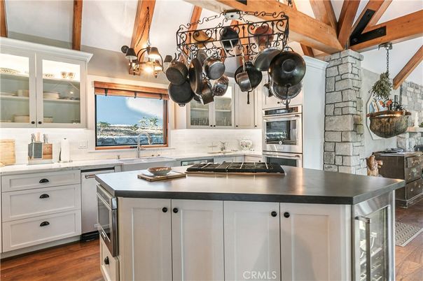 Interior, Kitchen, Stainless Steel Appliances, Stone Walls, Wooden Beams, Wood Texture Flooring