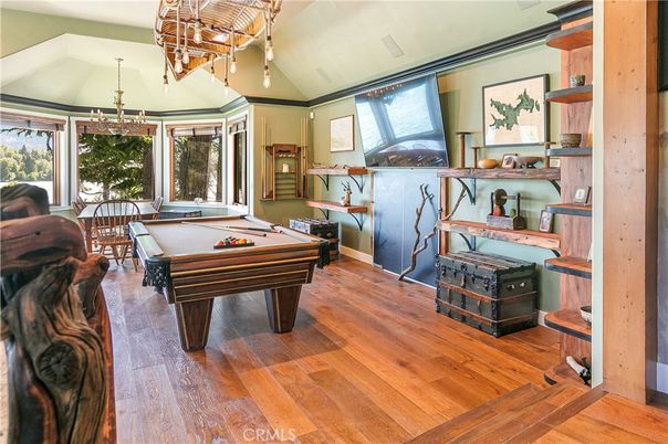 Billiard Table, Chandelier, Game Room, Interior, Wood Texture Flooring