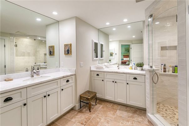 Bathroom, Dual Sink Vanities, Glass Shower, Interior, Recessed Lighting