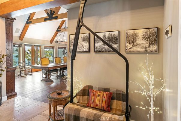 Chandelier, Home Office, Interior, Pendant Lights, Wooden Beams, Wood Texture Flooring