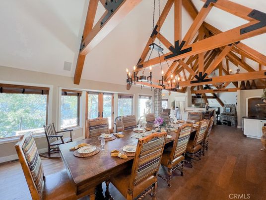 Chandelier, Dining room, Interior, Pendant Lights, Wooden Beams, Wood Texture Flooring