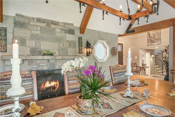 Dining room, Fireplace, Interior, Stone Walls, Wooden Beams, Wood Texture Flooring