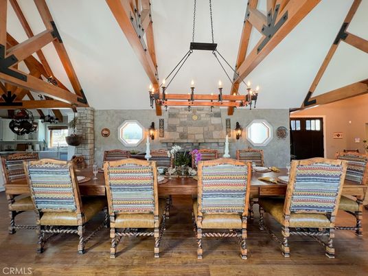 Chandelier, Dining room, Interior, Wooden Beams, Wood Texture Flooring