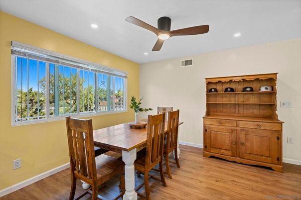 Dining room, Interior, Recessed Lighting, Wood Texture Flooring
