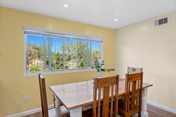 Dining room, Interior, Recessed Lighting, Wood Texture Flooring