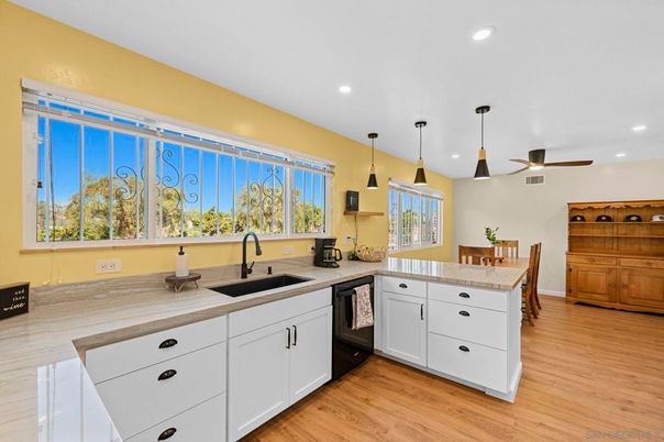Interior, Kitchen, Pendant Lights, Recessed Lighting, Wood Texture Flooring