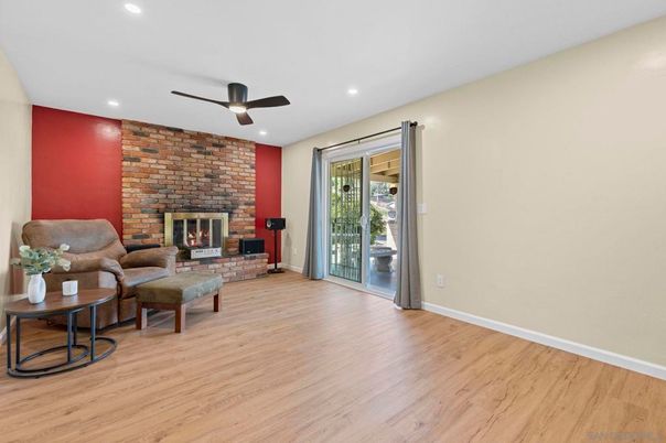 Fireplace, Interior, Recessed Lighting, Stone Walls, Wood Texture Flooring