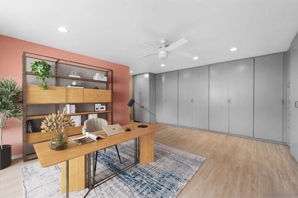 Home Office, Interior, Recessed Lighting, Wood Texture Flooring
