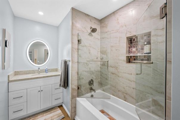 Bathroom, Glass Shower, Interior, Recessed Lighting, Wood Texture Flooring