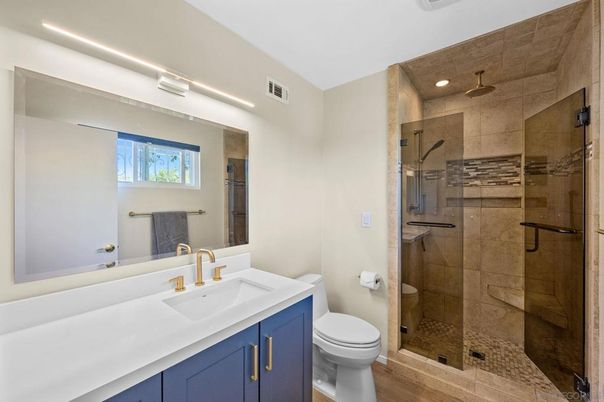 Bathroom, Glass Shower, Interior, Recessed Lighting, Wood Texture Flooring