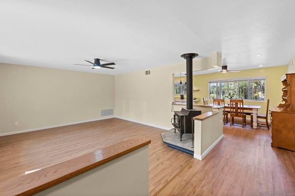 Dining room, Fireplace, Interior, Recessed Lighting, Wood Texture Flooring