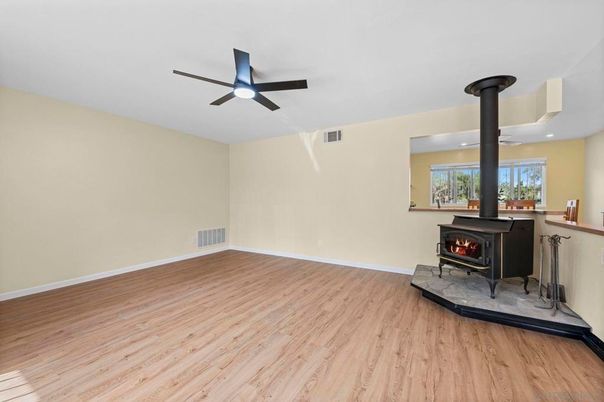 Fireplace, Interior, Recessed Lighting, Wood Texture Flooring