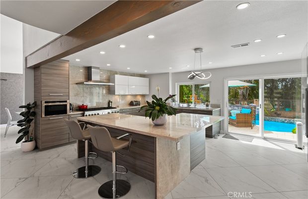 Interior, Kitchen, Marble, Pendant Lights, Recessed Lighting, Stainless Steel Appliances