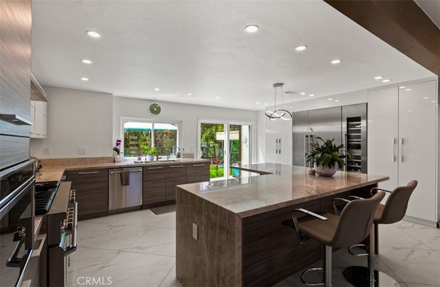Interior, Kitchen, Marble, Pendant Lights, Recessed Lighting, Stainless Steel Appliances