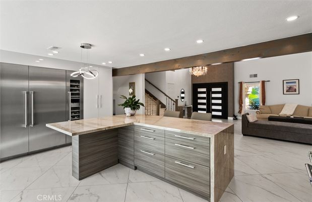 Interior, Kitchen, Living room, Marble, Pendant Lights, Recessed Lighting, Stainless Steel Appliances