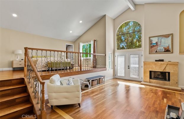 Bedroom, Fireplace, Interior, Recessed Lighting, Wood Texture Flooring