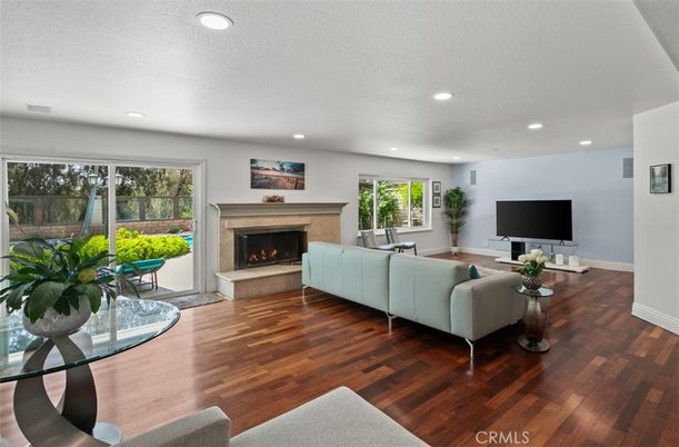 Fireplace, Interior, Living room, Recessed Lighting, Wood Texture Flooring
