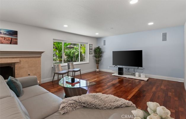 Fireplace, Interior, Living room, Recessed Lighting, Wood Texture Flooring