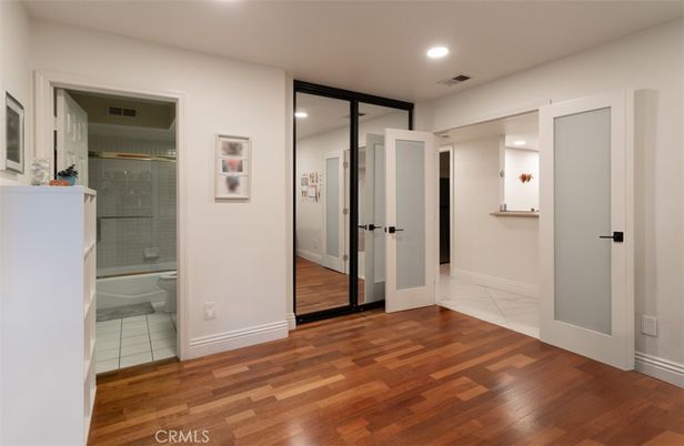 Bathroom, Glass Shower, Interior, Recessed Lighting, Wood Texture Flooring