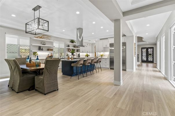 Dining room, Interior, Kitchen, Pendant Lights, Recessed Lighting, Stainless Steel Appliances, Wood Texture Flooring