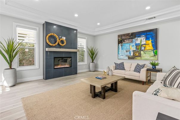 Fireplace, Interior, Living room, Recessed Lighting, Wood Texture Flooring