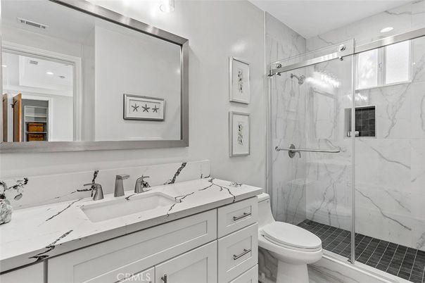 Bathroom, Glass Shower, Interior, Marble Walls, Recessed Lighting