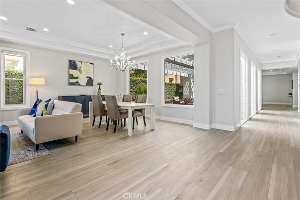 Chandelier, Dining room, Interior, Living room, Recessed Lighting, Wood Texture Flooring