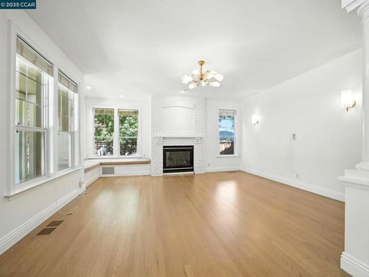 Empty room, Fireplace, Interior, Recessed Lighting, Wood Texture Flooring