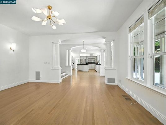 Empty room, Interior, Kitchen, Pendant Lights, Wood Texture Flooring