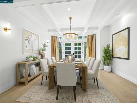 Chandelier, Dining room, Interior, Recessed Lighting, Wood Texture Flooring