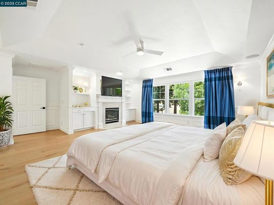 Bedroom, Fireplace, Interior, Recessed Lighting, Wood Texture Flooring