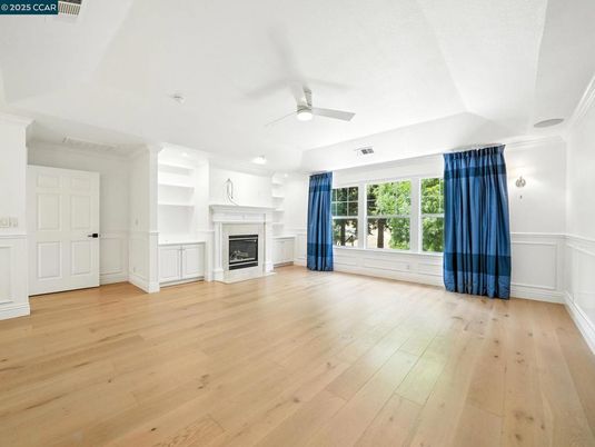 Empty room, Fireplace, Interior, Recessed Lighting, Wood Texture Flooring
