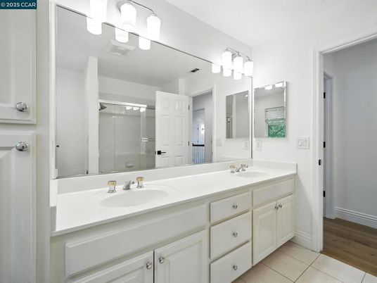 Bathroom, Dual Sink Vanities, Glass Shower, Interior, Wood Texture Flooring