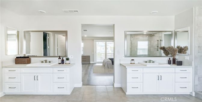 Bathroom, Dual Sink Vanities, Interior, Recessed Lighting, Wood Texture Flooring