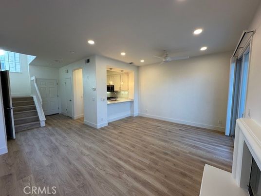 Empty room, Interior, Kitchen, Recessed Lighting, Wood Texture Flooring