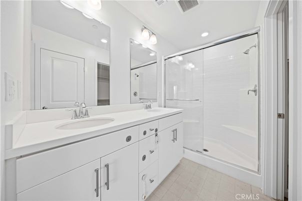 Bathroom, Dual Sink Vanities, Glass Shower, Interior, Recessed Lighting