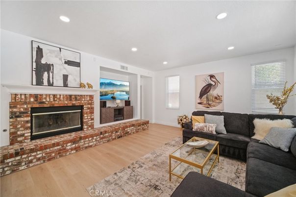 Fireplace, Interior, Living room, Recessed Lighting, Wood Texture Flooring